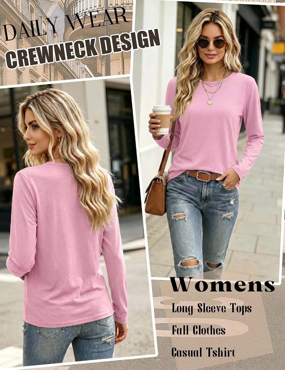 image:imageZeagoo Womens Casual Shirts Long Sleeve Tops Soft Crewneck Tshirts Basic Tee Business Workout Outfit 2026 Fall ClothesPink