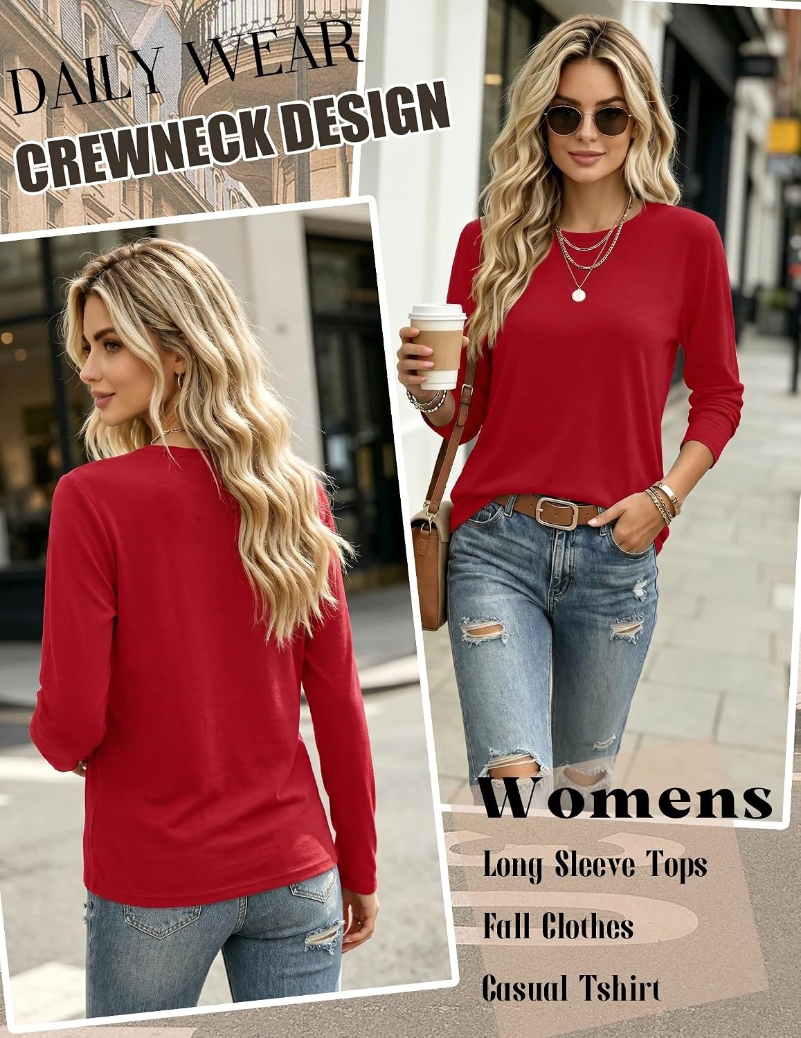 image:imageZeagoo Womens Casual Shirts Long Sleeve Tops Soft Crewneck Tshirts Basic Tee Business Workout Outfit 2026 Fall ClothesRed