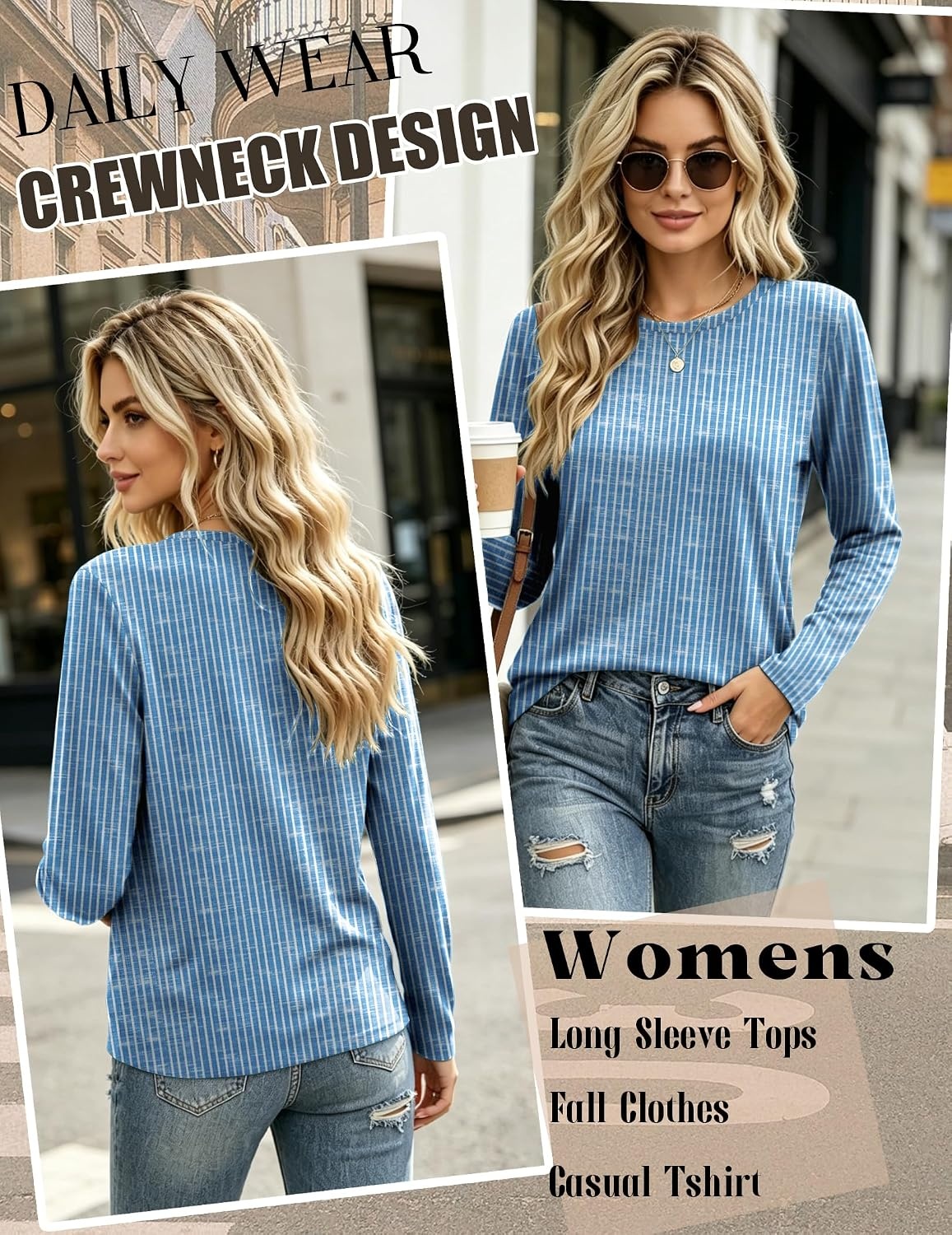 image:imageZeagoo Womens Casual Shirts Long Sleeve Tops Soft Crewneck Tshirts Basic Tee Business Workout Outfit 2026 Fall ClothesZ Stripes Blue 273