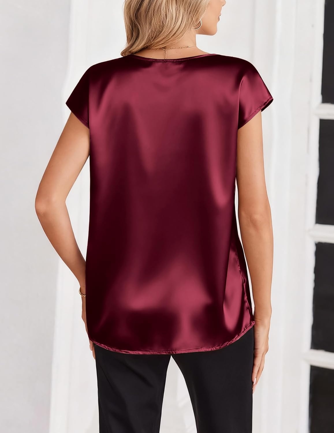 image:imageZeagoo Womens Satin Tops Dressy Casual V Neck Tee Silk Shirts Short Sleeve Tshirts Quiet Luxury Clothes Wine Red