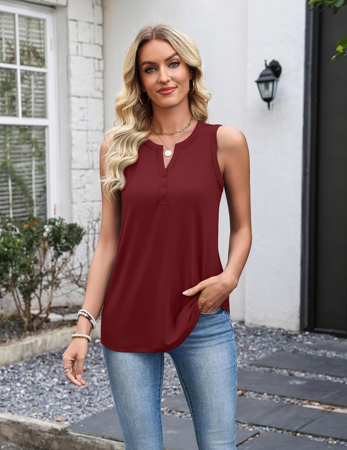 image:imageZeagoo Womens Tank Tops 2026 Loose V Neck Spring Summer Tops Business Dressy Sleeveless ShirtsBurgundy