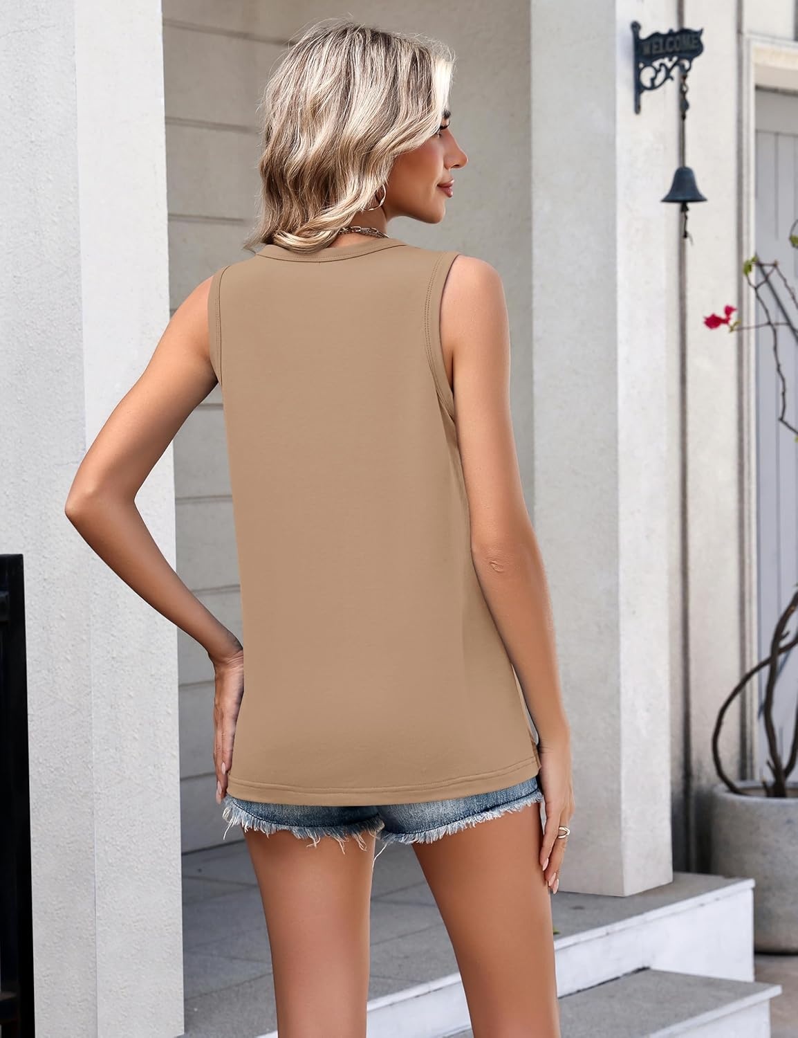 image:imageZeagoo Womens Tank Tops 2026 Loose V Neck Spring Summer Tops Business Dressy Sleeveless ShirtsKhaki