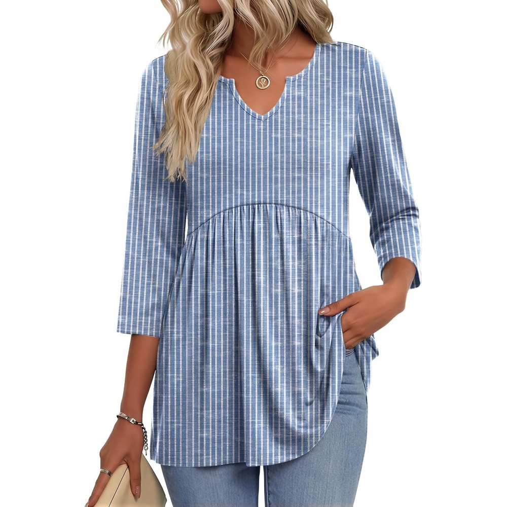 image:imageZeagoo 34 Length Sleeve Womens Tops 2026 Blouses for Women Dressy Casual Fashion Clothing V Neck TShirts Summer Outfits03 Blue Stripe