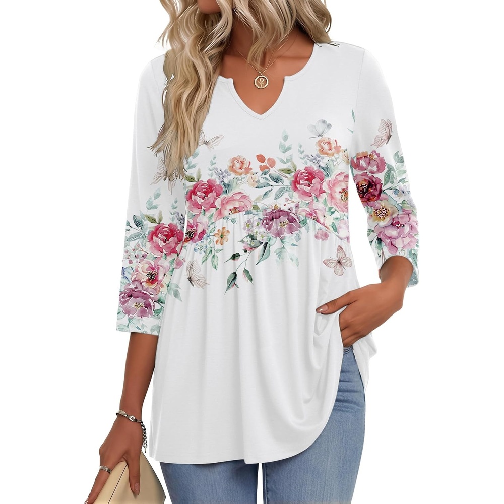 image:imageZeagoo 34 Length Sleeve Womens Tops 2026 Blouses for Women Dressy Casual Fashion Clothing V Neck TShirts Summer OutfitsWf67
