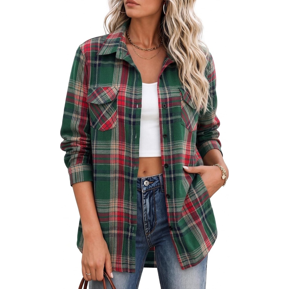 image:imageZeagoo Flannel Button Down Shirts for Women Long Sleeve Plaid Shackets  Summer Shirts Women Flannel Plaid Button Up Shackets Breathable Long Sleeve Jacket Casual Office Western Cowgirl Daily TopsGw553