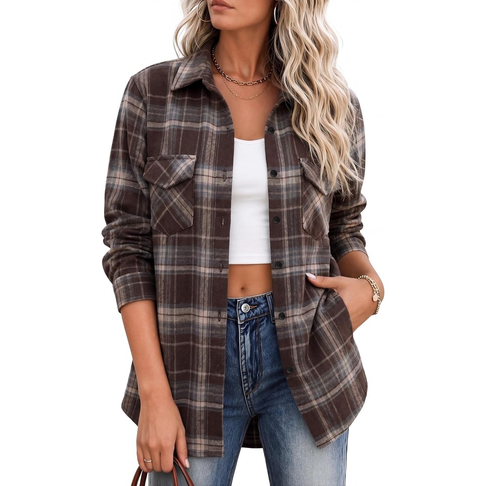 image:imageZeagoo Flannel Button Down Shirts for Women Long Sleeve Plaid Shackets  Summer Shirts Women Flannel Plaid Button Up Shackets Breathable Long Sleeve Jacket Casual Office Western Cowgirl Daily TopsGw542