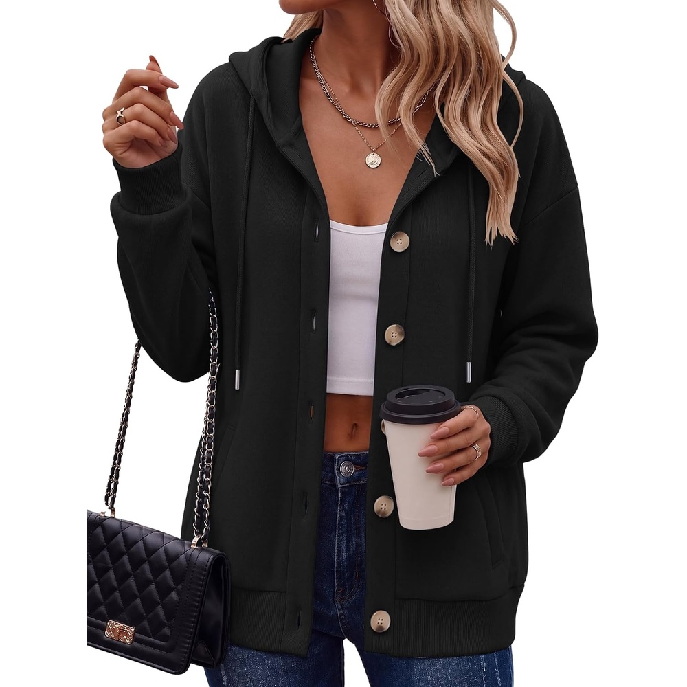 image:imageZeagoo Hoodie for Women Oversized Hooded Sweatshirt Button Hoodies With Pockets Comfy Fleece Jackets 2026 Fashion S3XLBlack