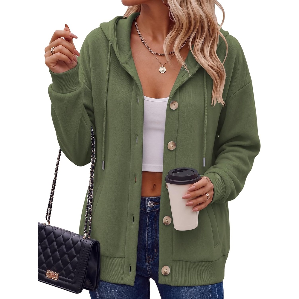image:imageZeagoo Hoodie for Women Oversized Hooded Sweatshirt Button Hoodies With Pockets Comfy Fleece Jackets 2026 Fashion S3XLGreen
