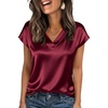 Zeagoo Womens Satin Tops Dressy Casual V Neck Tee Silk Shirts Short Sleeve Tshirts Quiet Luxury Clothes Wine Red