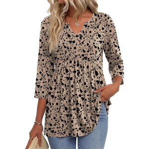 Zeagoo 3/4 Length Sleeve Womens Tops 2026 Blouses for Women Dressy Casual Fashion Clothing V Neck T-Shirts Summer Outfits(Beige)