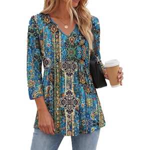 Zeagoo 3/4 Length Sleeve Womens Tops 2026 Blouses for Women Dressy Casual Fashion Clothing V Neck T-Shirts Summer Outfits(Blue Boho Print)