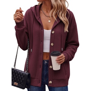 Zeagoo Hoodie for Women Oversized Hooded Sweatshirt Button Hoodies With Pockets Comfy Fleece Jackets 2026 Fashion S-3XL(Dark Red)