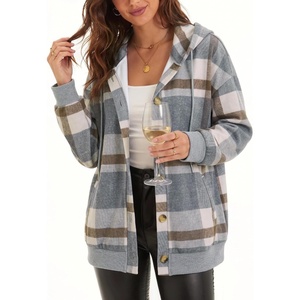 Zeagoo Hoodie for Women Oversized Hooded Sweatshirt Button Hoodies With Pockets Comfy Fleece Jackets 2026 Fashion S-3XL(Grey-brown Plaid)