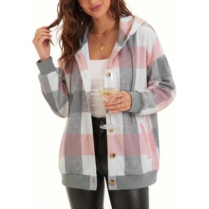 Zeagoo Hoodie for Women Oversized Hooded Sweatshirt Button Hoodies With Pockets Comfy Fleece Jackets 2026 Fashion S-3XL(Pink Plaid)