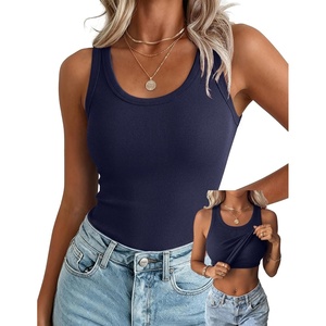 Zeagoo Tank Tops with Built in Bra for Women Sleeveless Crewneck Racerback Ribbed Fitted Tops Basic Summer Clothing 2026(Navy Blue)