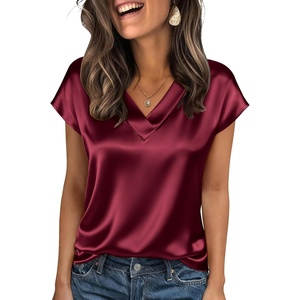 Zeagoo Womens Satin Tops Dressy Casual V Neck Tee Silk Shirts Short Sleeve Tshirts Quiet Luxury Clothes Wine Red