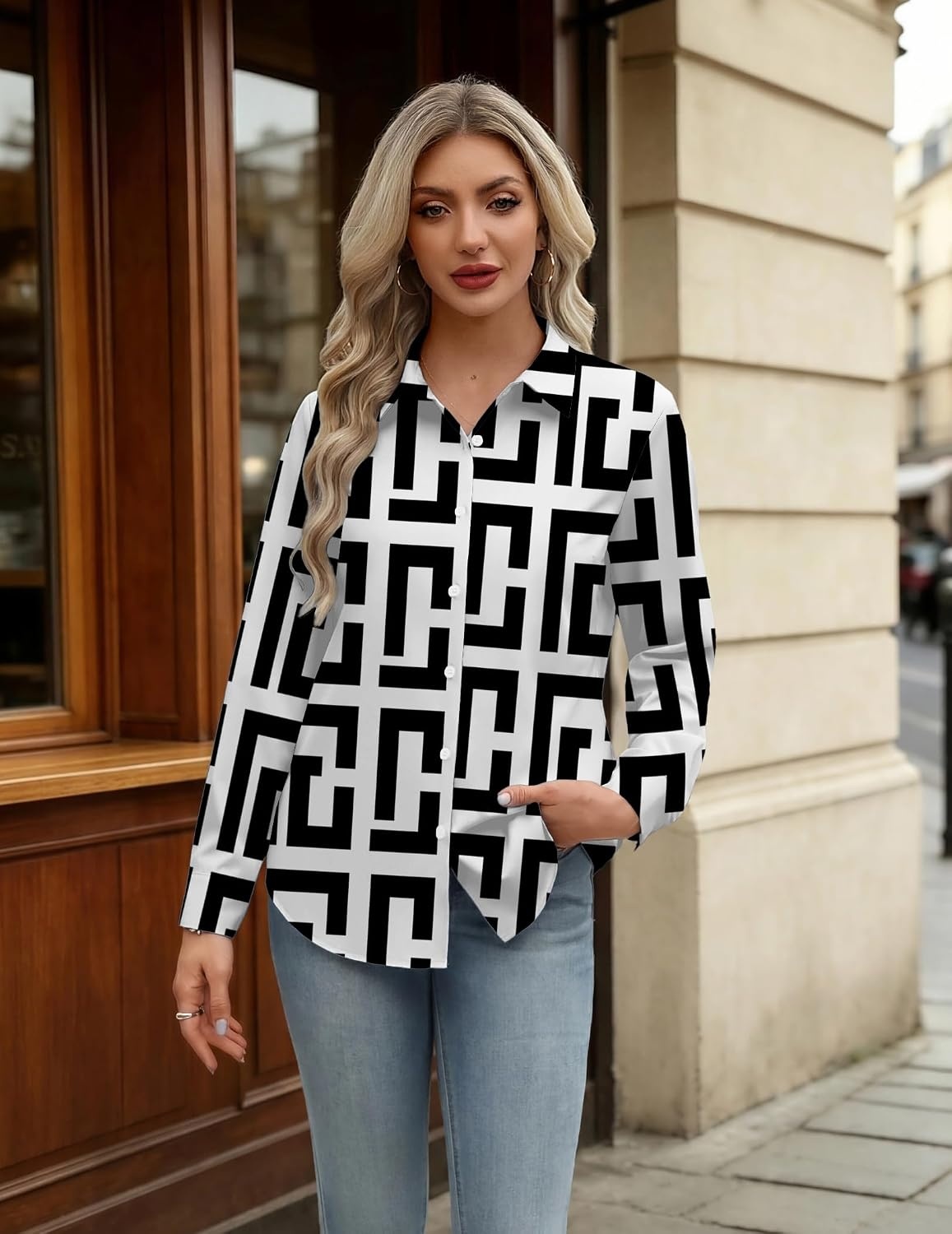 image:imageWomens Button Down Shirt Classic Fit Dress Shirt Work Business Casual Long Sleeve Blouse TopsBlack White Geometric Print