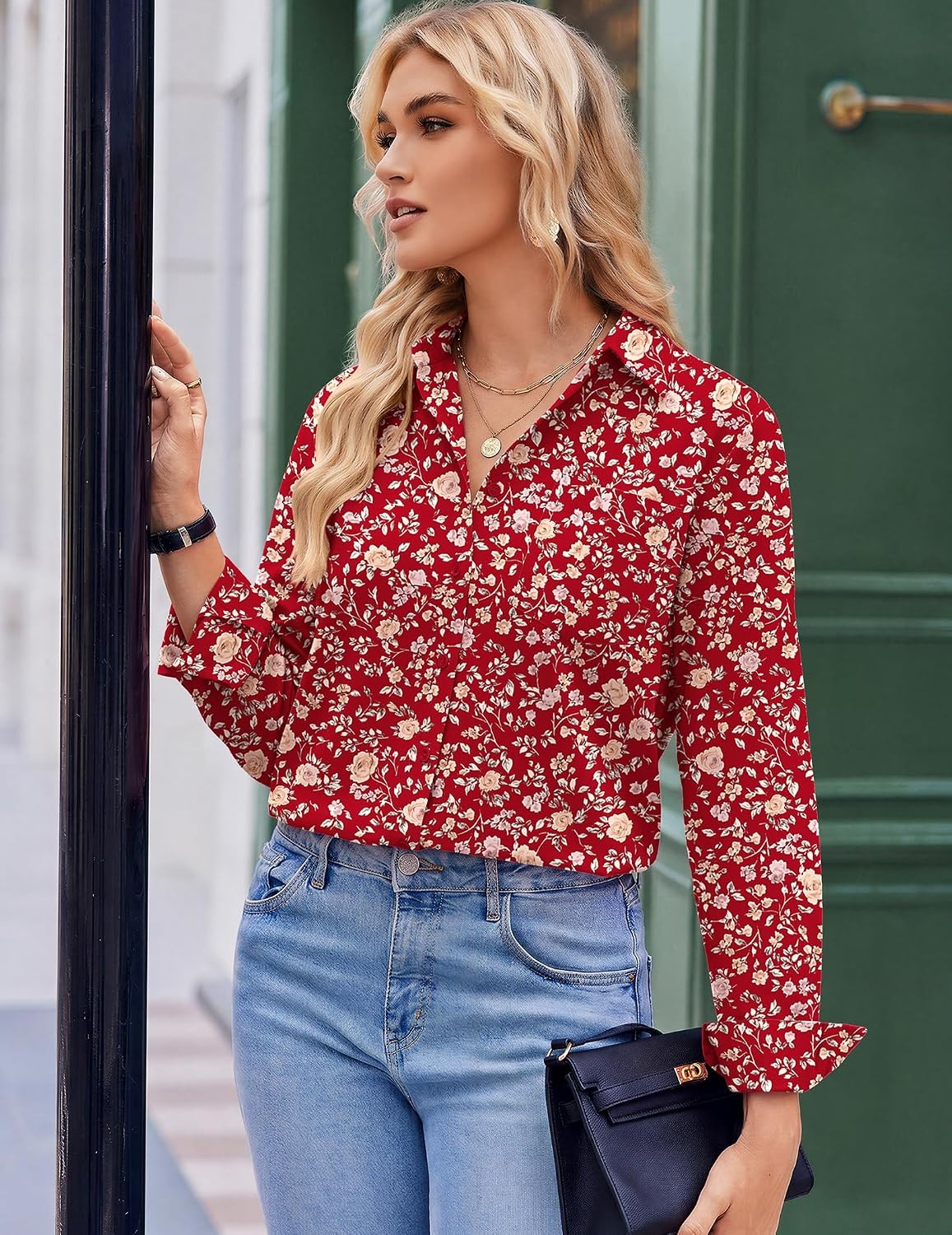 image:imageZeagoo Blouses for Women Long Sleeve Button Down Shirts Dressy Casual Collared Tops Business Work OutfitsHoliday Rose