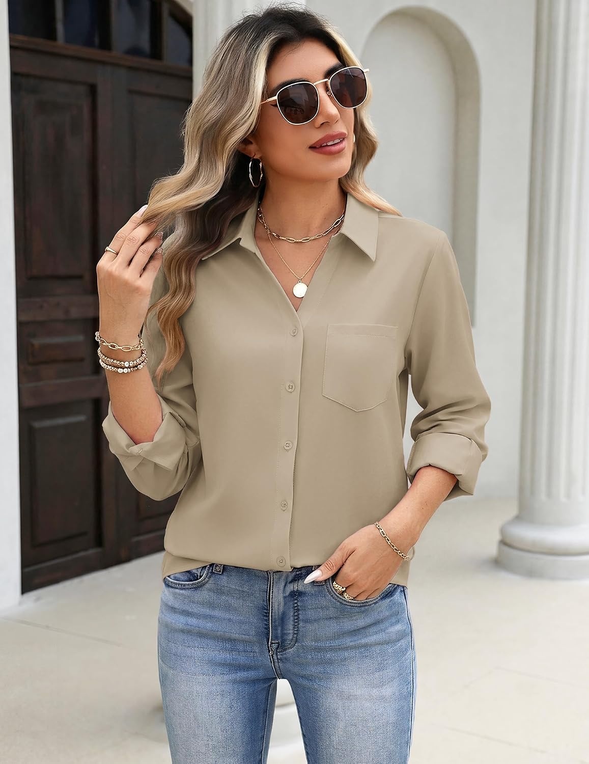 image:imageZeagoo Blouses for Women Long Sleeve Button Down Shirts Dressy Casual Collared Tops Business Work OutfitsKhaki