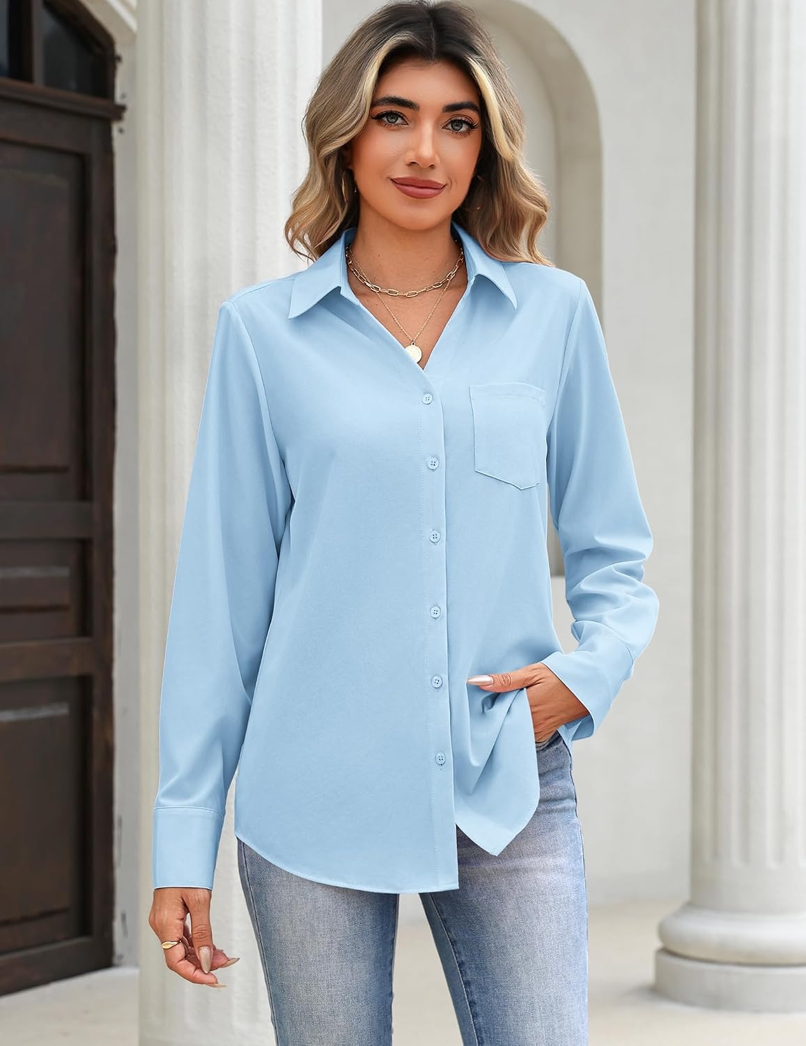 image:imageZeagoo Blouses for Women Long Sleeve Button Down Shirts Dressy Casual Collared Tops Business Work OutfitsLight Blue