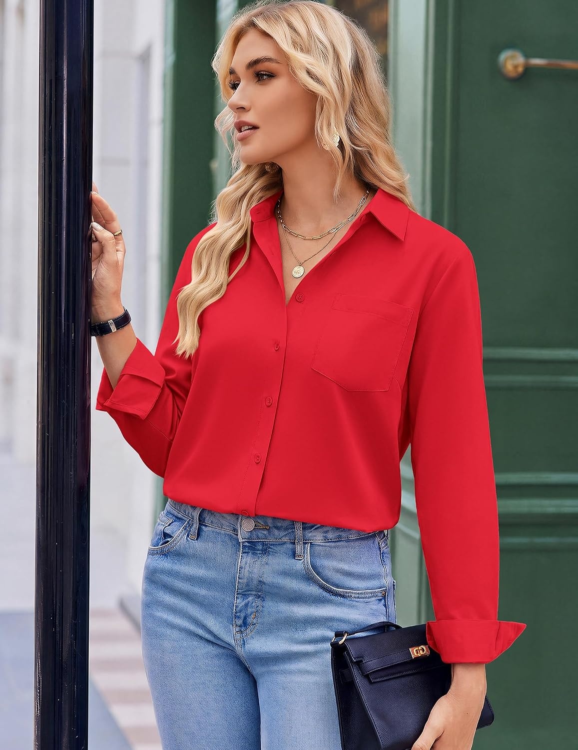 image:imageZeagoo Blouses for Women Long Sleeve Button Down Shirts Dressy Casual Collared Tops Business Work OutfitsRed