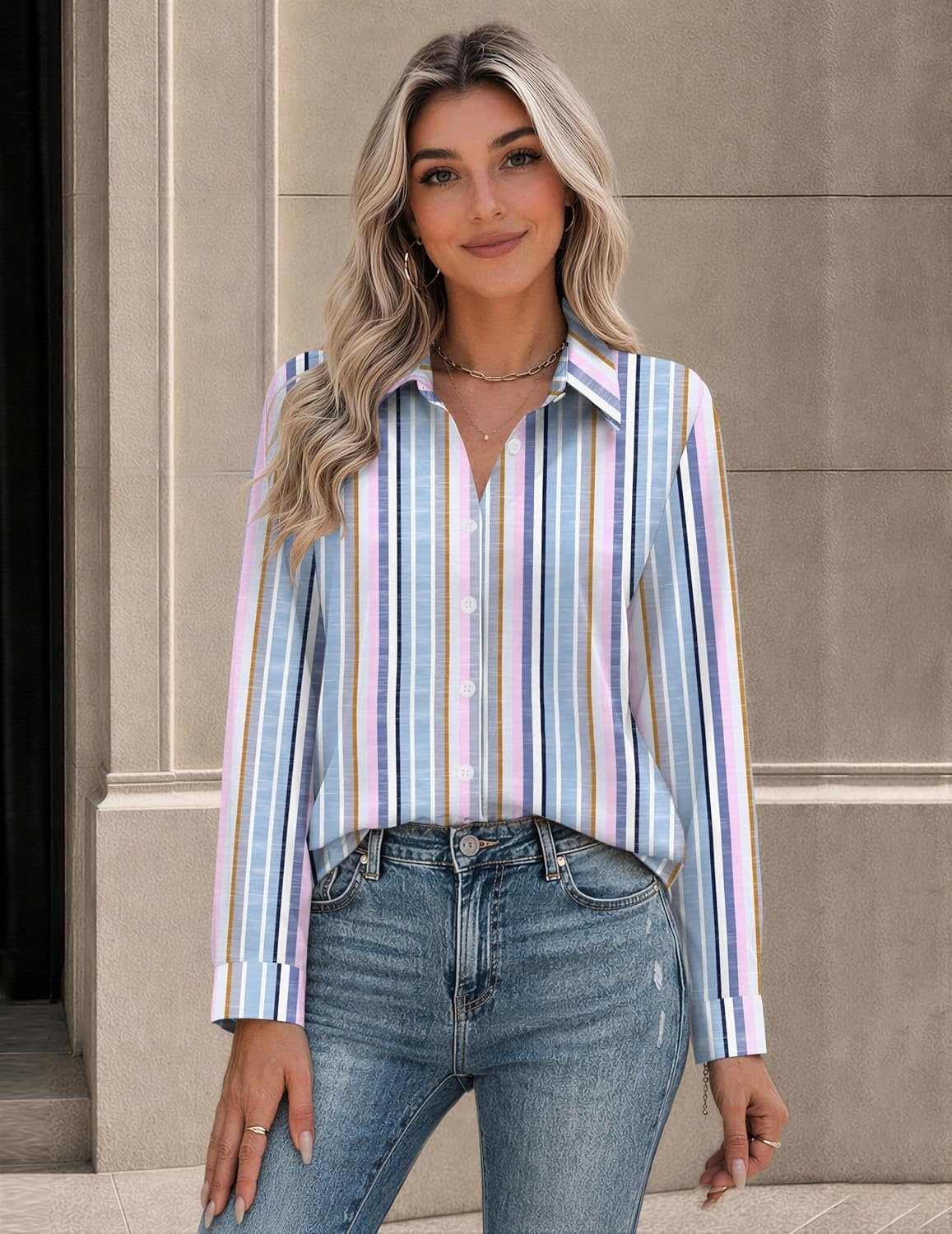 image:imageZeagoo Button Down Shirts for Women Long Sleeve Tops Striped Solid Blouses Collared V Neck Shirts Button Up Shirt Dressy Casual Blouses Cute Summer Fall Fashion Clothes Office Work Tops Spring OutfitsPink Blue Stripedtz267
