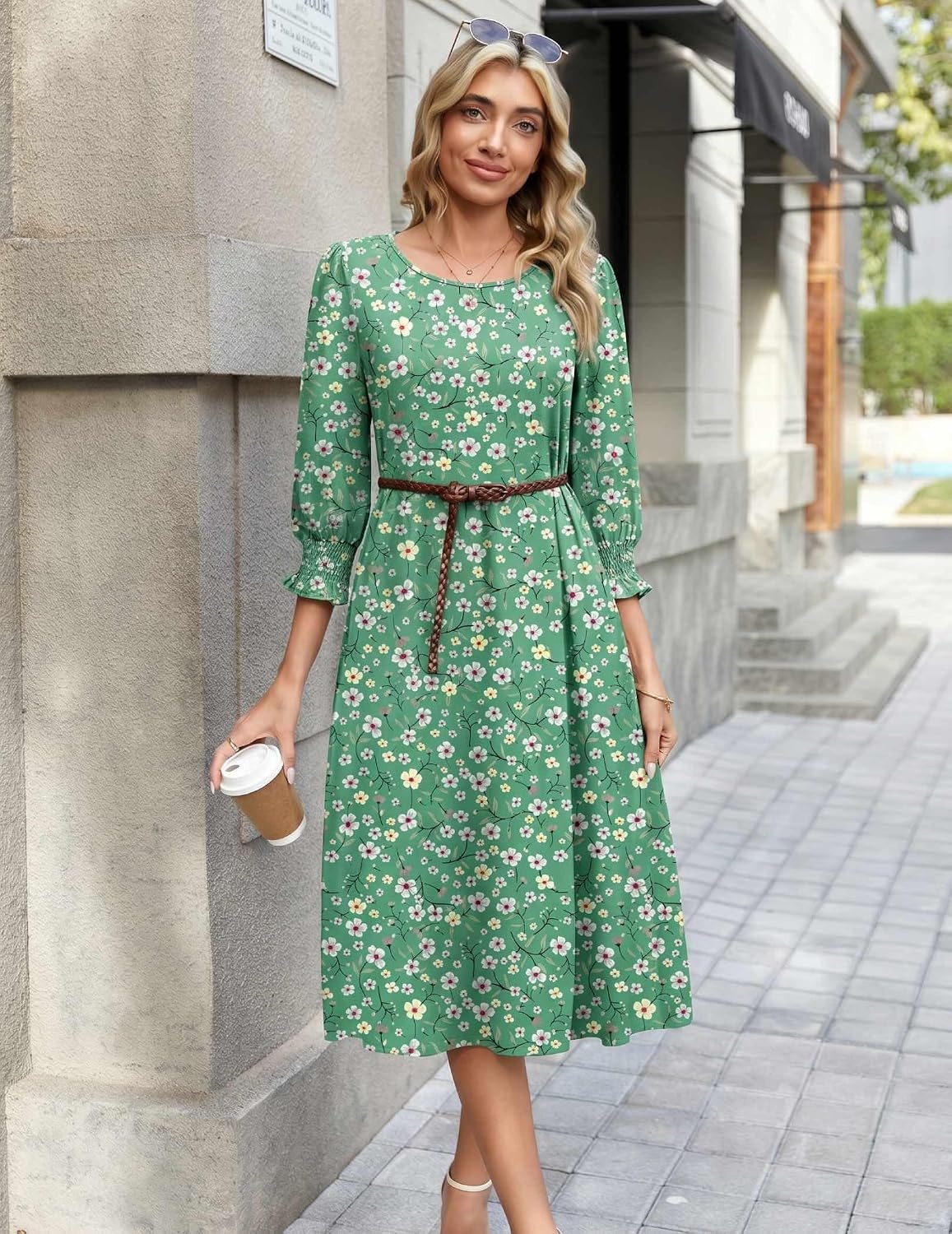 image:imageZeagoo Summer Dresses for Women 2026 34 Sleeve Dress for Women Floral Midi Dresses for Casual Womens Dresses with PocketsCfloralbf201new