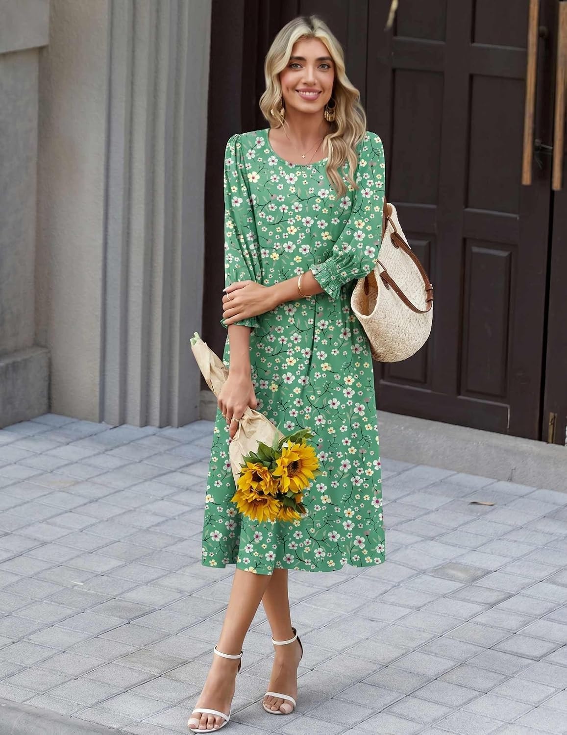 image:imageZeagoo Summer Dresses for Women 2026 34 Sleeve Dress for Women Floral Midi Dresses for Casual Womens Dresses with PocketsCfloralbf201new