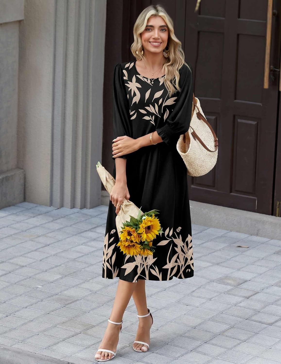 image:imageZeagoo Summer Dresses for Women 2026 34 Sleeve Dress for Women Floral Midi Dresses for Casual Womens Dresses with PocketsCfloralpa356new