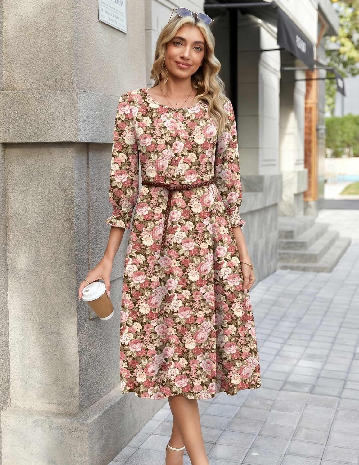image:imageZeagoo Summer Dresses for Women 2026 34 Sleeve Dress for Women Floral Midi Dresses for Casual Womens Dresses with PocketsCfloralwf87new