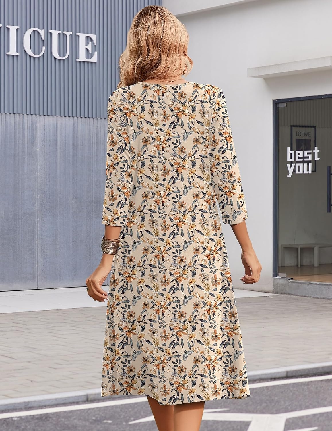 image:imageZeagoo Summer Dresses for Women 2026 34 Sleeve Womens Dress Casual Midi Tshirt Dresses with Pockets SemiFormal SundressBeige