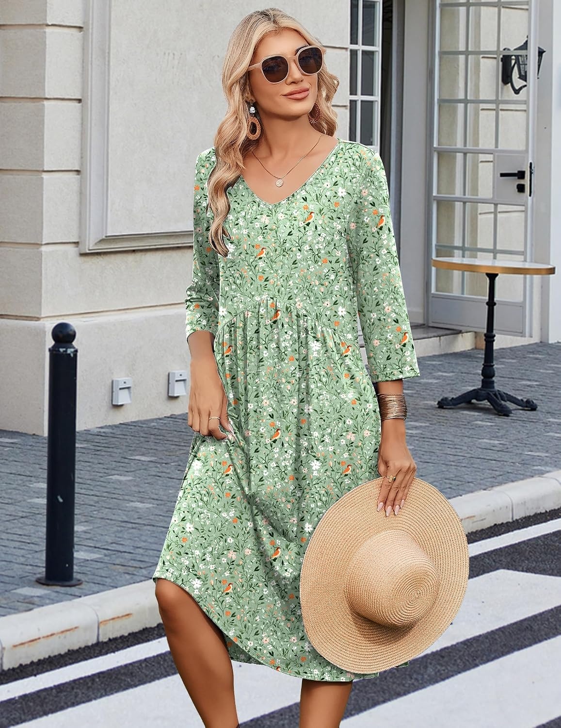 image:imageZeagoo Summer Dresses for Women 2026 34 Sleeve Womens Dress Casual Midi Tshirt Dresses with Pockets SemiFormal SundressGreen Xh534