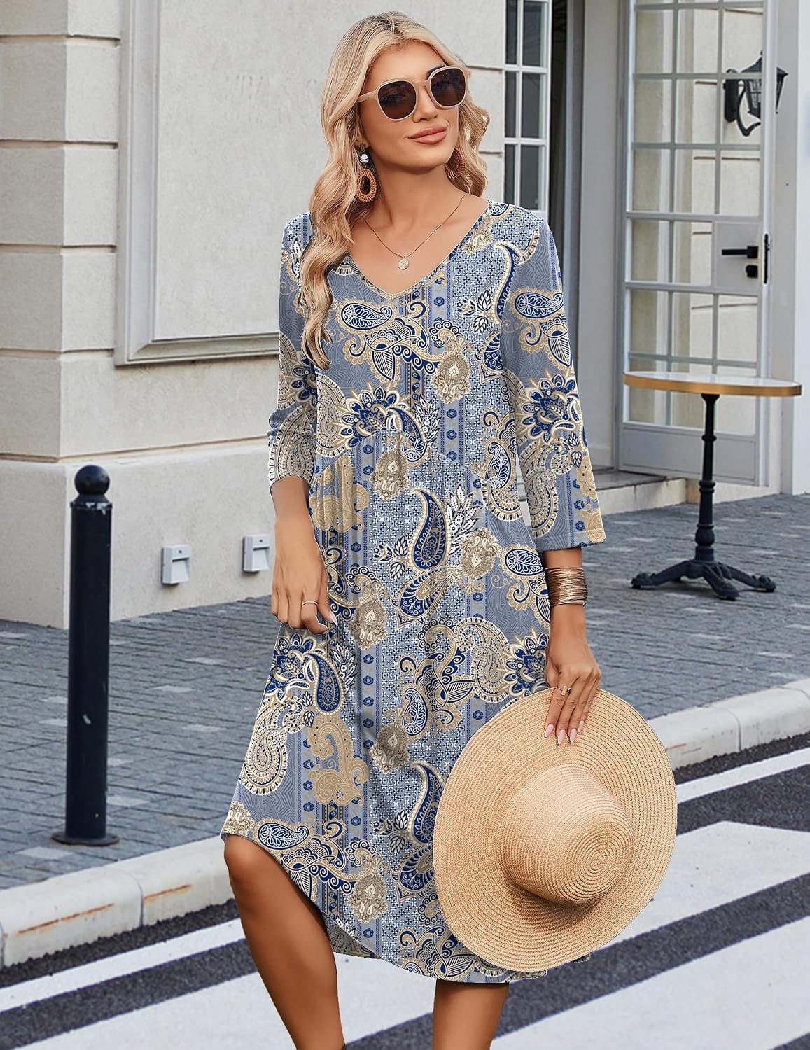 image:imageZeagoo Summer Dresses for Women 2026 34 Sleeve Womens Dress Casual Midi Tshirt Dresses with Pockets SemiFormal SundressMz919