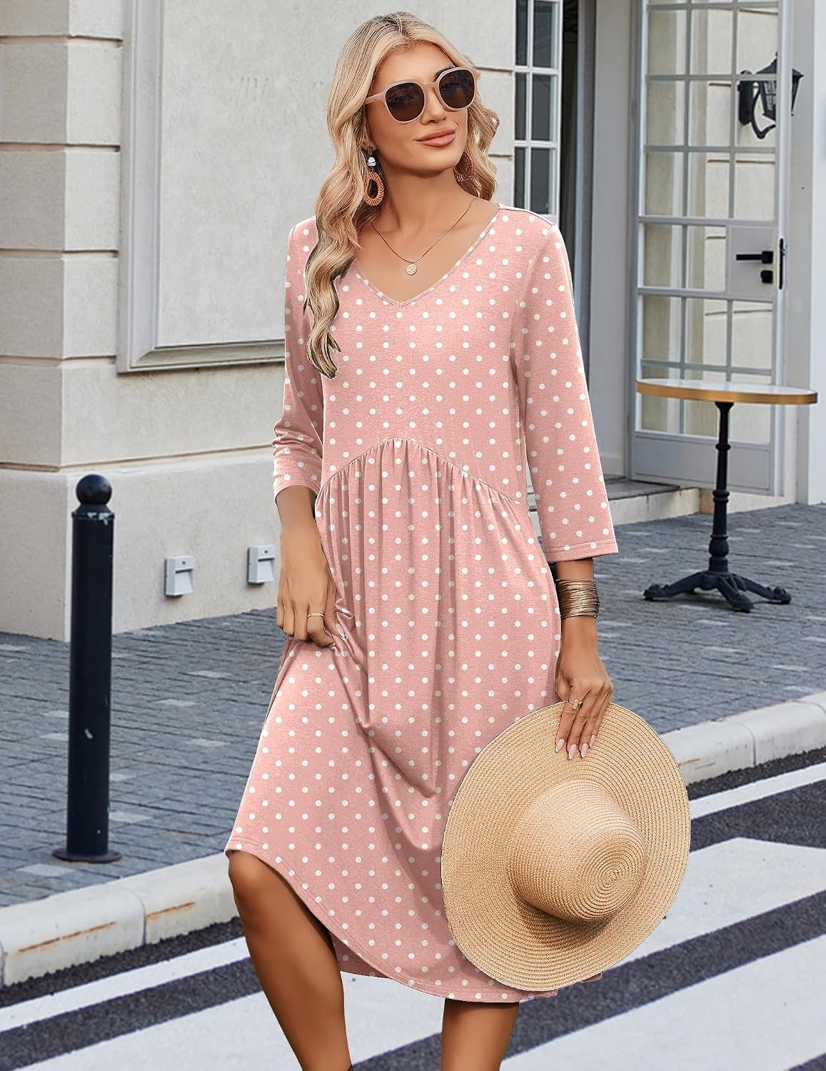 image:imageZeagoo Summer Dresses for Women 2026 34 Sleeve Womens Dress Casual Midi Tshirt Dresses with Pockets SemiFormal SundressPink Jh1