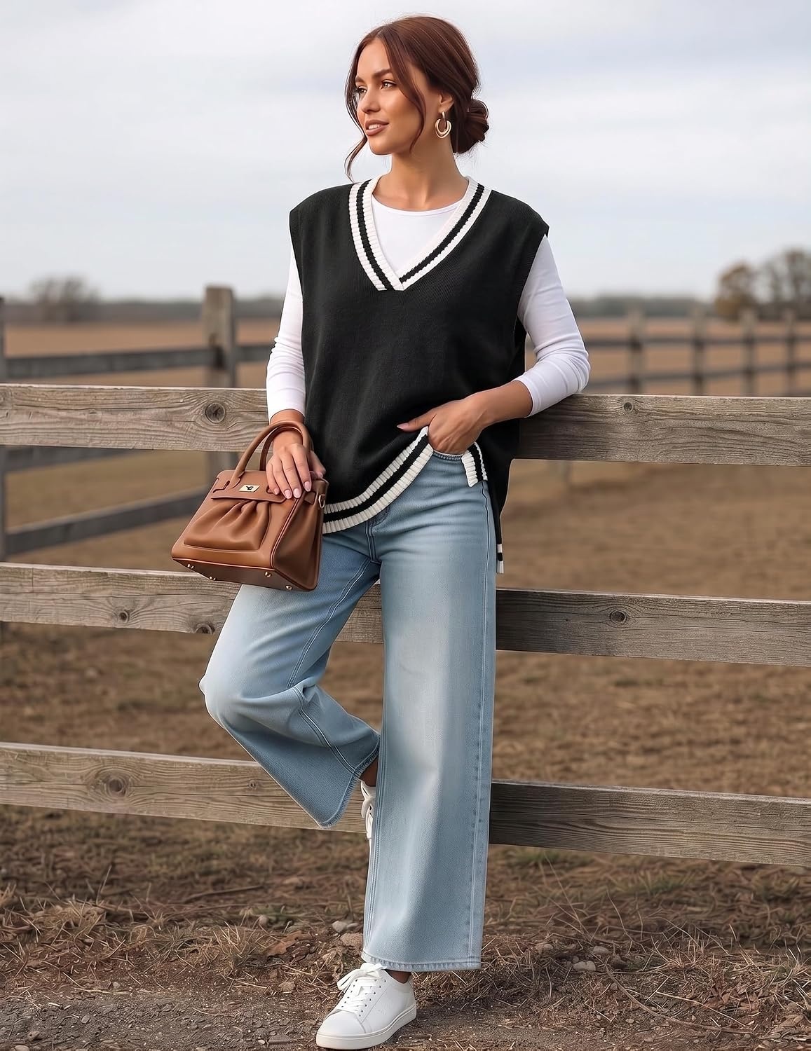 image:imageZeagoo Sweater Vest Women Sleeveless V Neck Oversized Pullover Knitted Tops 2026 Fall OutfitsBlack White