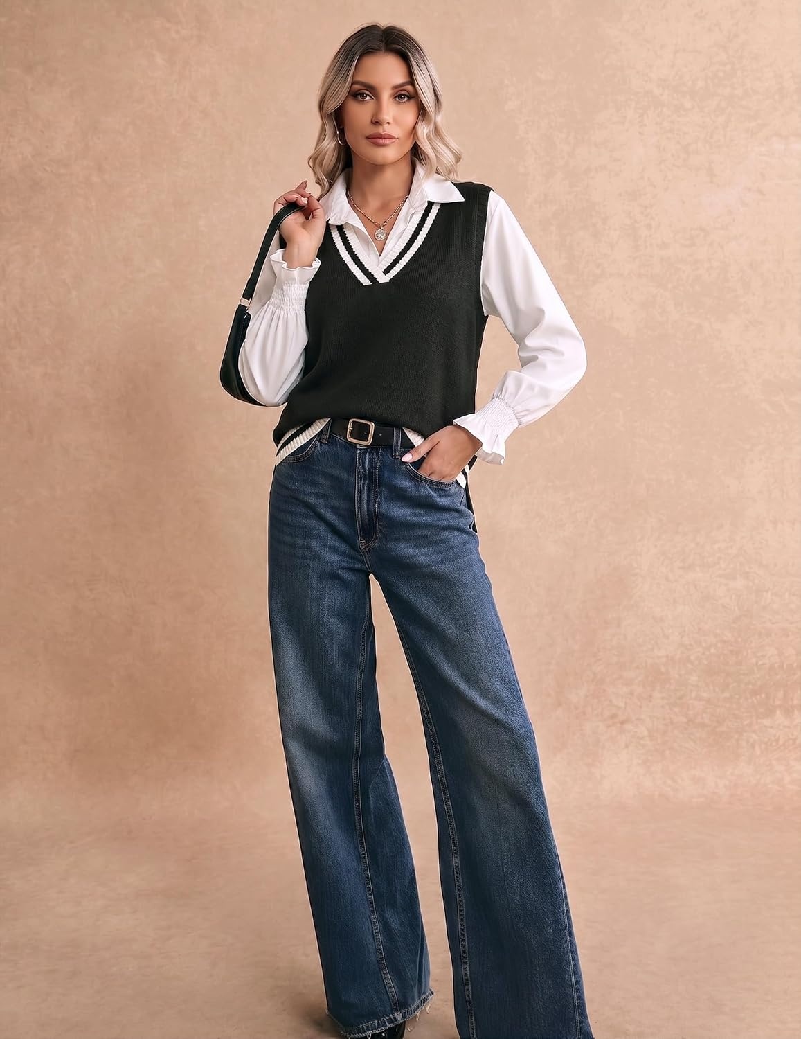 image:imageZeagoo Sweater Vest Women Sleeveless V Neck Oversized Pullover Knitted Tops 2026 Fall OutfitsBlack White
