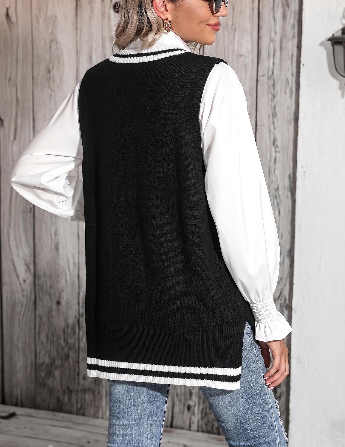 image:imageZeagoo Sweater Vest Women Sleeveless V Neck Oversized Pullover Knitted Tops 2026 Fall OutfitsBlack White