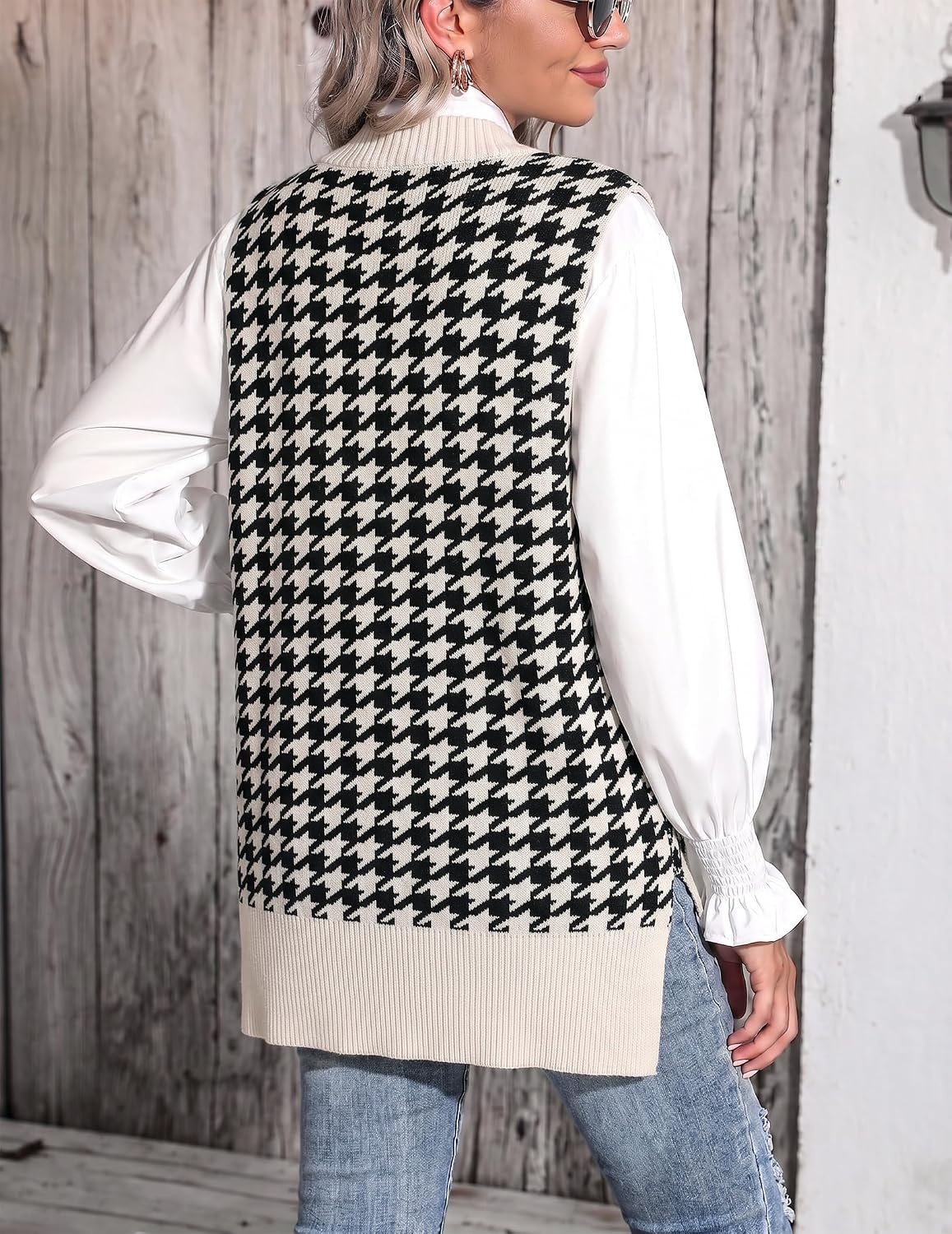 image:imageZeagoo Sweater Vest Women Sleeveless V Neck Oversized Pullover Knitted Tops 2026 Fall OutfitsHoundstooth Black and Cream