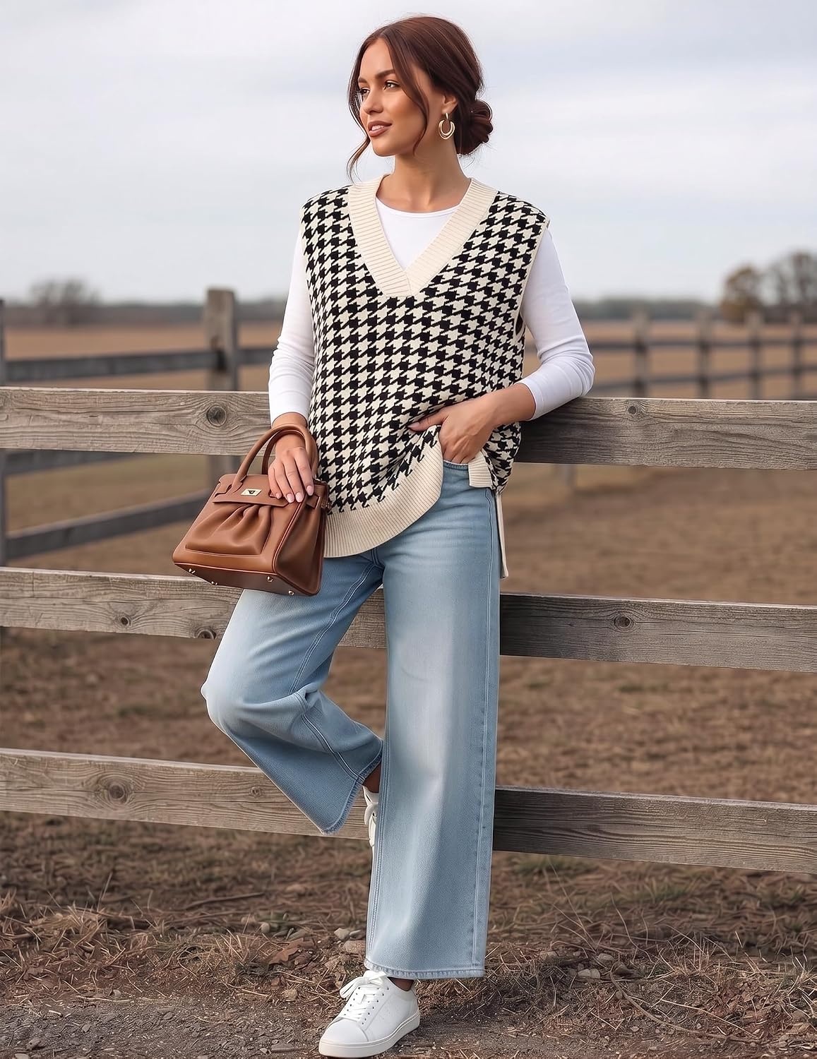 image:imageZeagoo Sweater Vest Women Sleeveless V Neck Oversized Pullover Knitted Tops 2026 Fall OutfitsHoundstooth Black and Cream