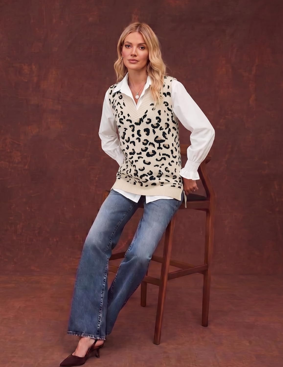 image:imageZeagoo Sweater Vest Women Sleeveless V Neck Oversized Pullover Knitted Tops 2026 Fall OutfitsLeopard Apricot