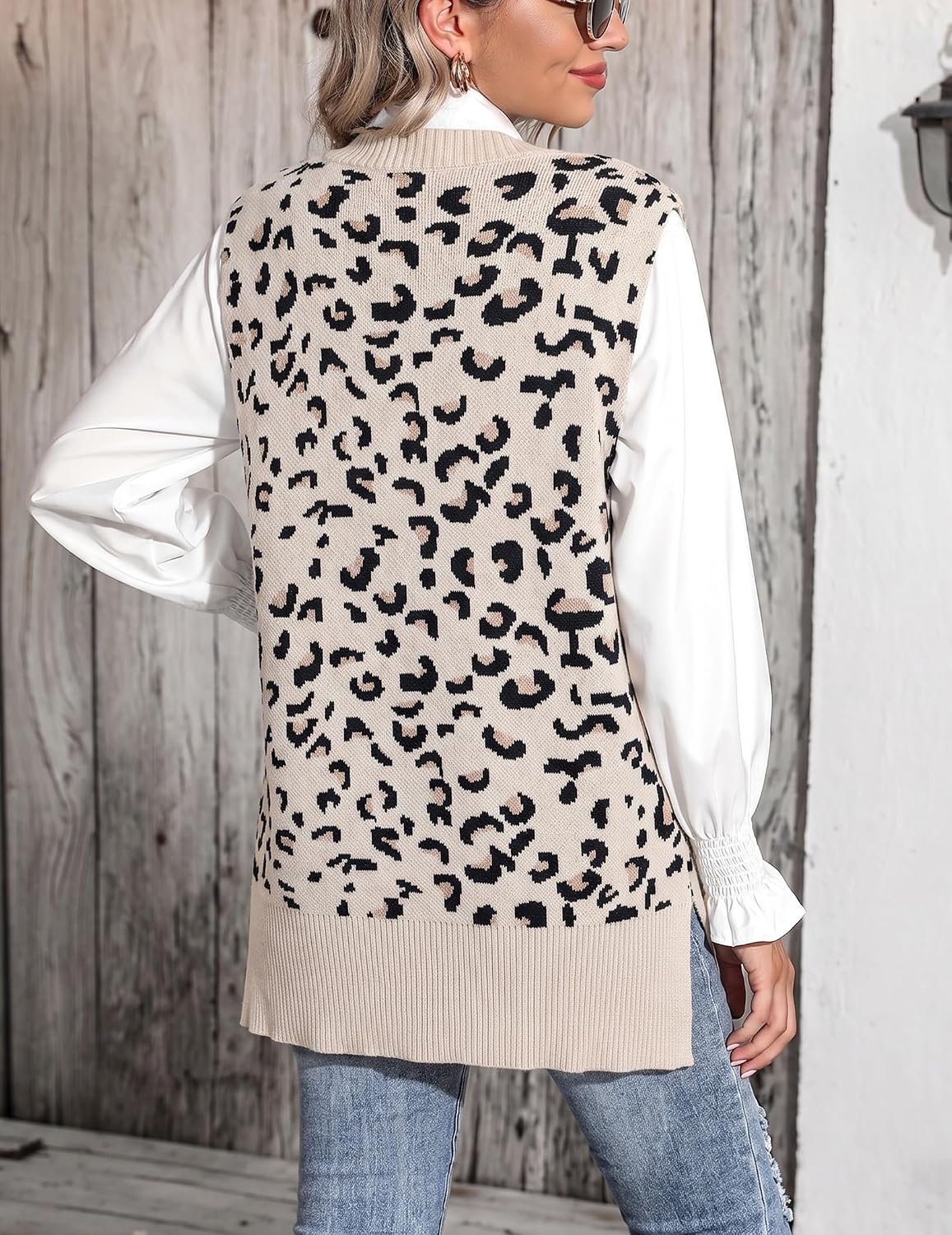 image:imageZeagoo Sweater Vest Women Sleeveless V Neck Oversized Pullover Knitted Tops 2026 Fall OutfitsLeopard Apricot