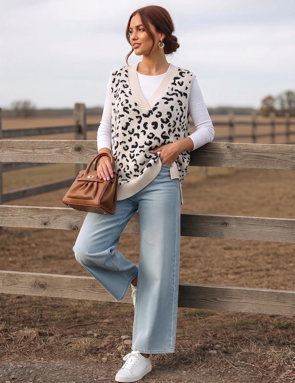 image:imageZeagoo Sweater Vest Women Sleeveless V Neck Oversized Pullover Knitted Tops 2026 Fall OutfitsLeopard Apricot
