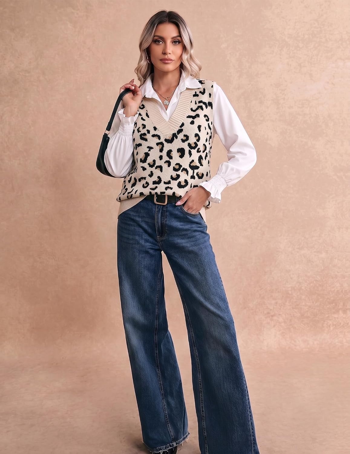 image:imageZeagoo Sweater Vest Women Sleeveless V Neck Oversized Pullover Knitted Tops 2026 Fall OutfitsLeopard Apricot