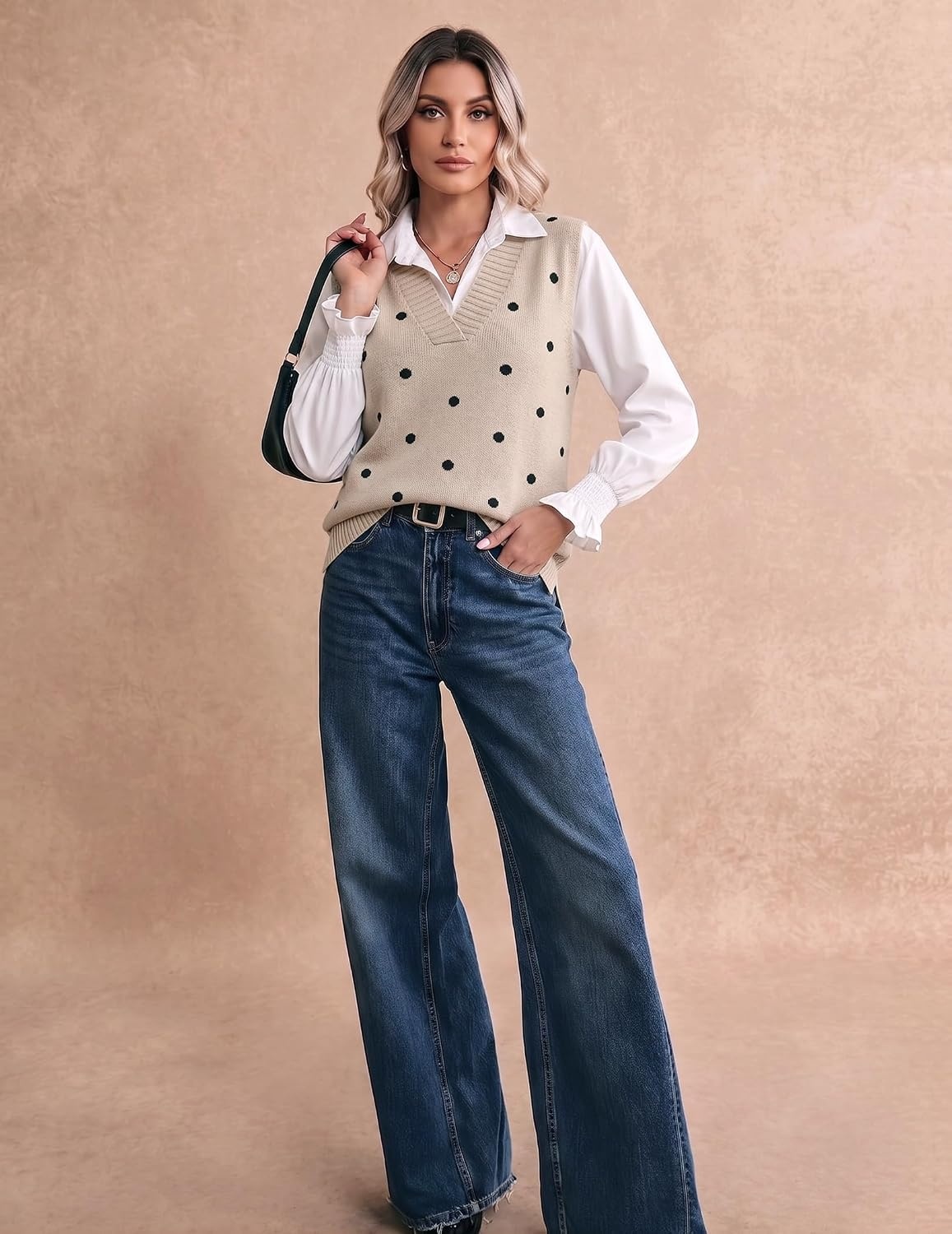 image:imageZeagoo Sweater Vest Women Sleeveless V Neck Oversized Pullover Knitted Tops 2026 Fall OutfitsPolka Dots Apricot