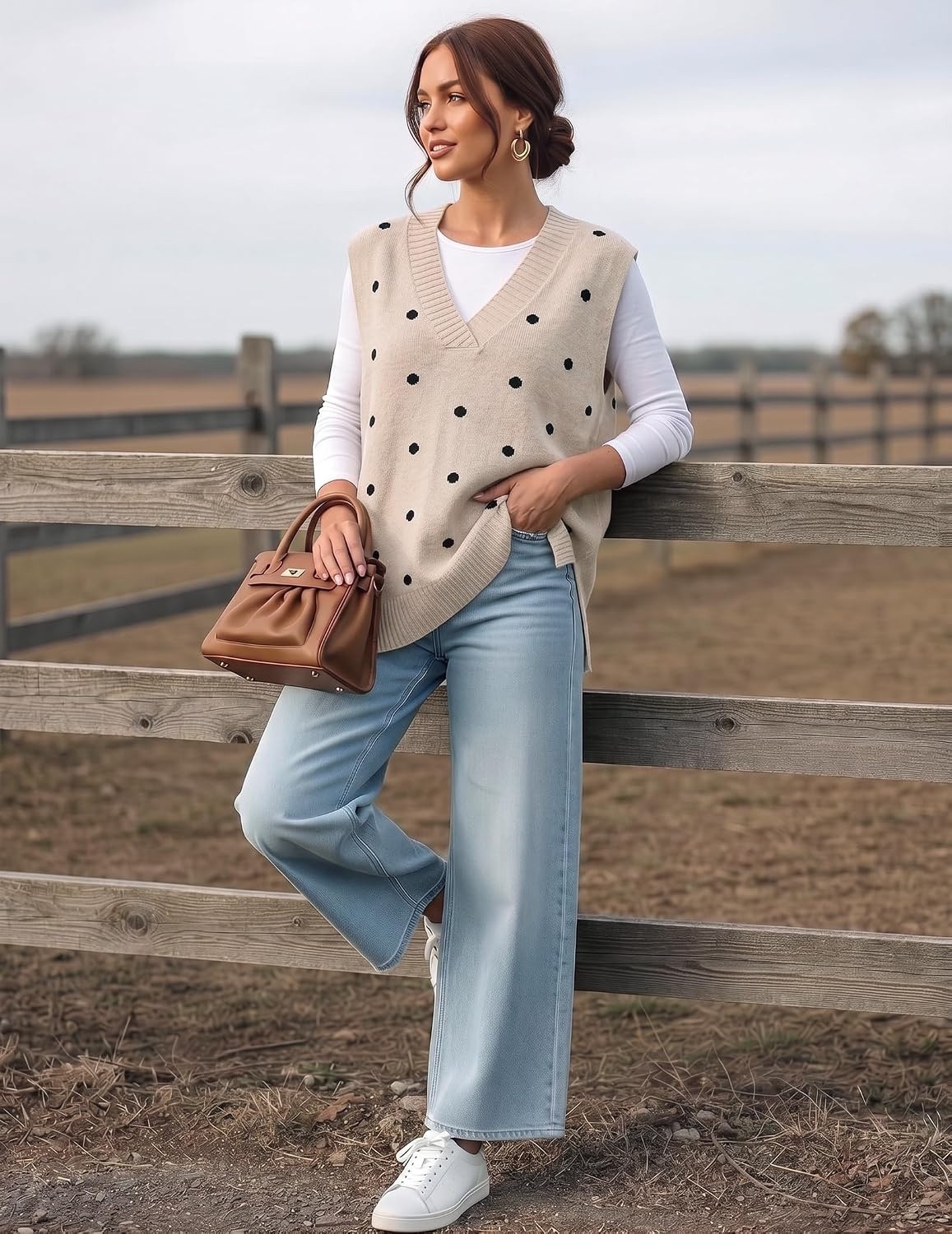 image:imageZeagoo Sweater Vest Women Sleeveless V Neck Oversized Pullover Knitted Tops 2026 Fall OutfitsPolka Dots Apricot