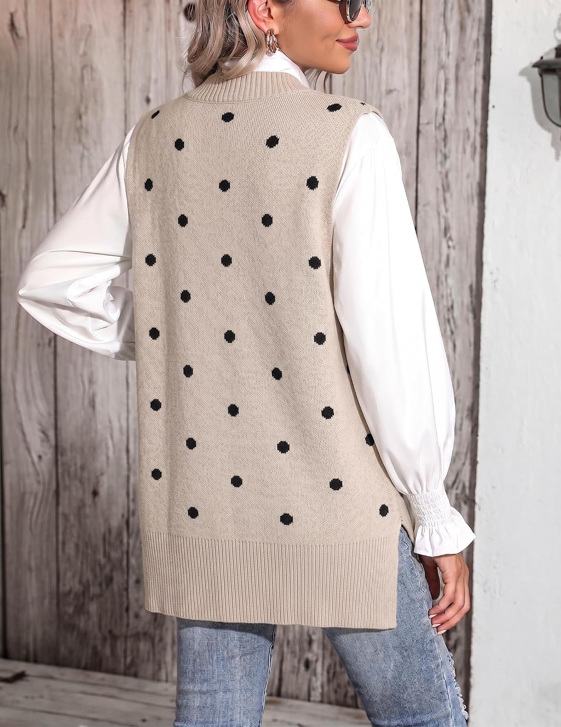 image:imageZeagoo Sweater Vest Women Sleeveless V Neck Oversized Pullover Knitted Tops 2026 Fall OutfitsPolka Dots Apricot