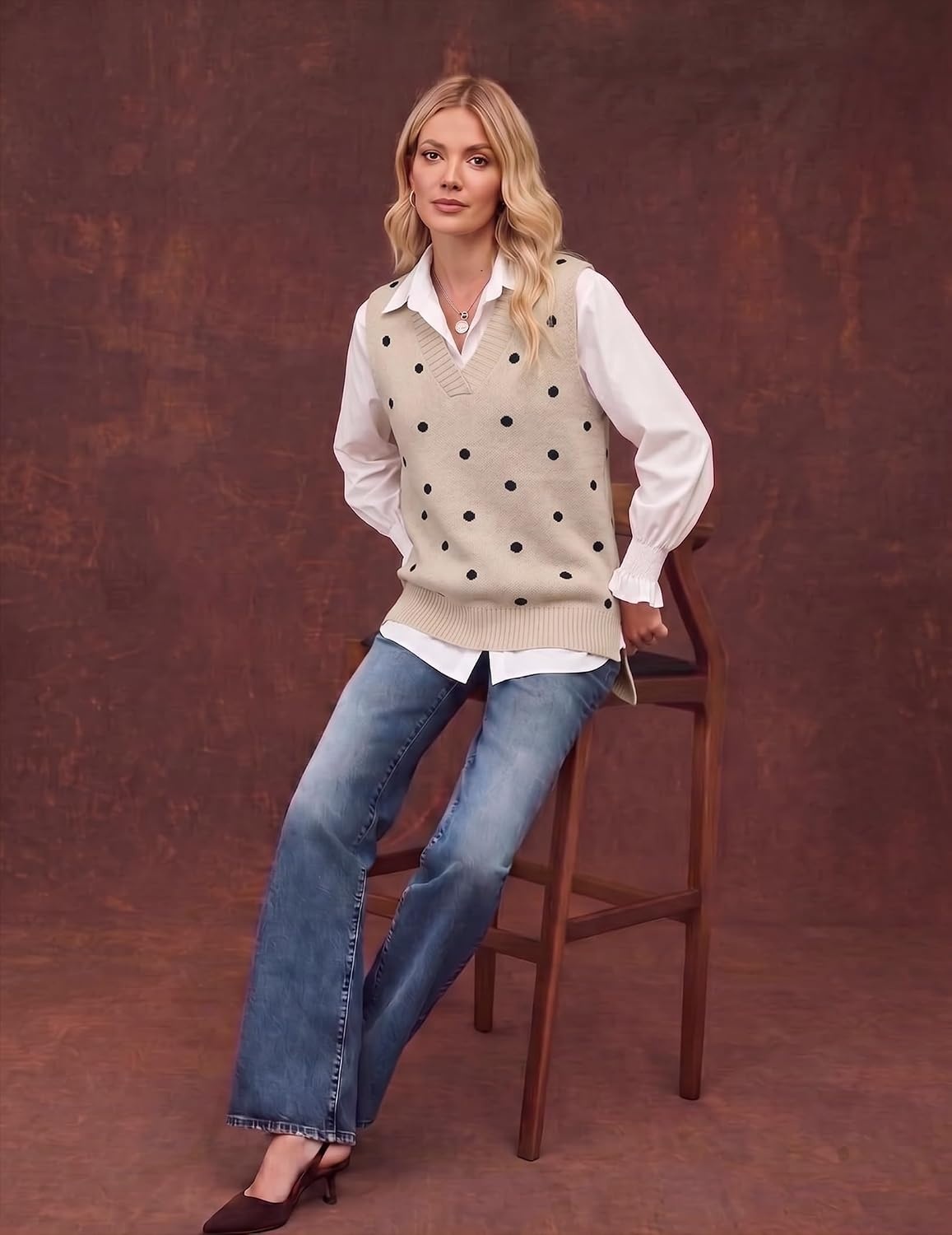 image:imageZeagoo Sweater Vest Women Sleeveless V Neck Oversized Pullover Knitted Tops 2026 Fall OutfitsPolka Dots Apricot