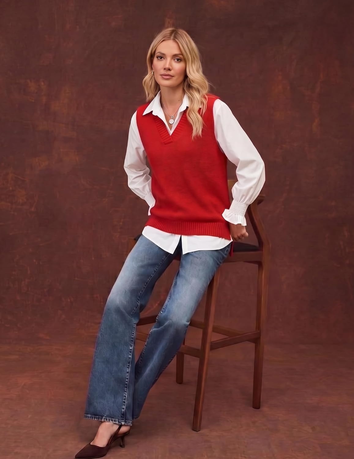 image:imageZeagoo Sweater Vest Women Sleeveless V Neck Oversized Pullover Knitted Tops 2026 Fall OutfitsRed
