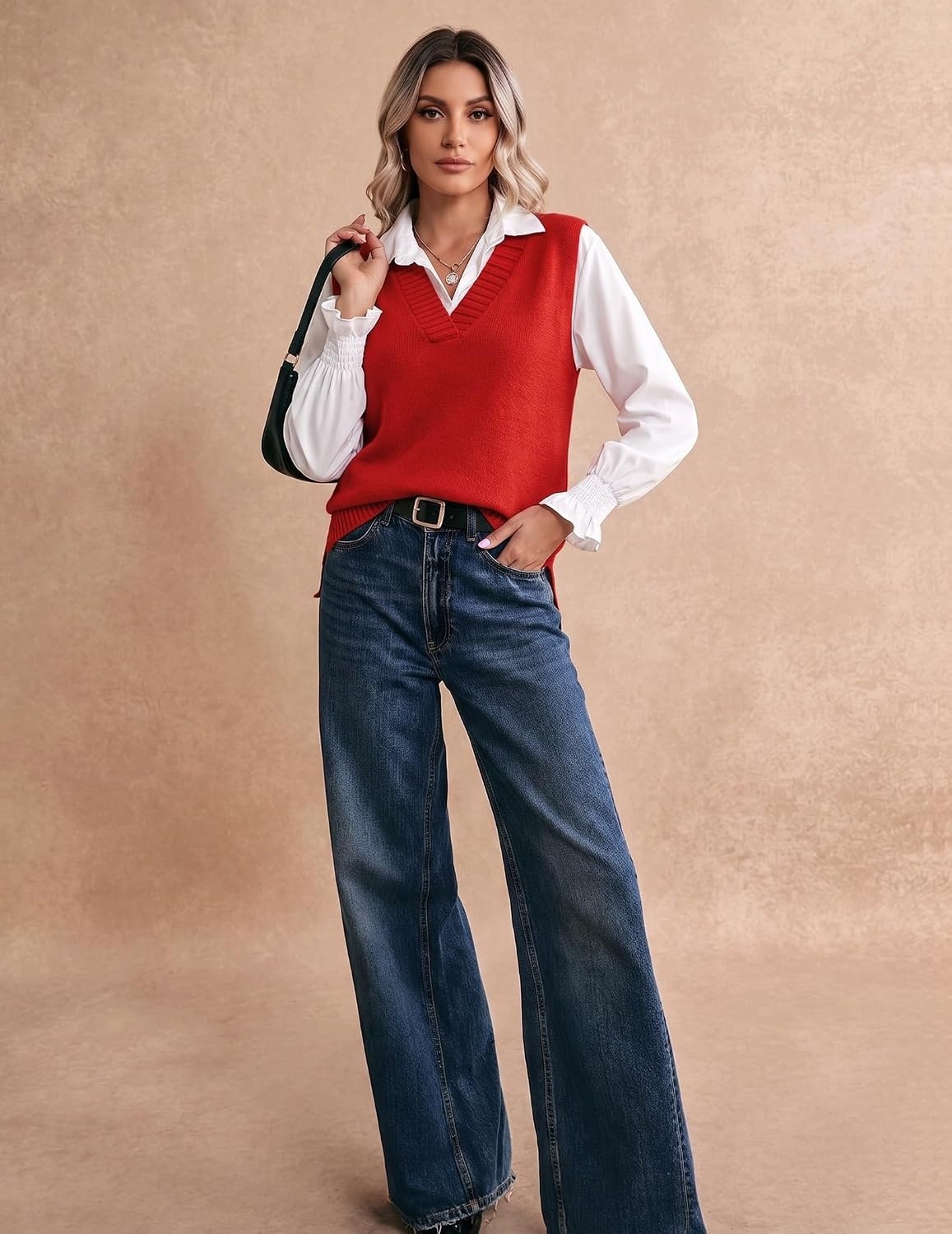 image:imageZeagoo Sweater Vest Women Sleeveless V Neck Oversized Pullover Knitted Tops 2026 Fall OutfitsRed