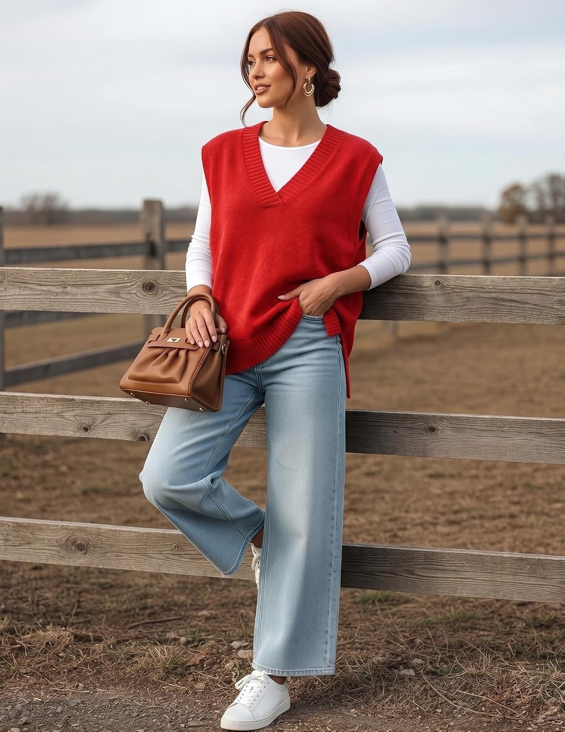 image:imageZeagoo Sweater Vest Women Sleeveless V Neck Oversized Pullover Knitted Tops 2026 Fall OutfitsRed